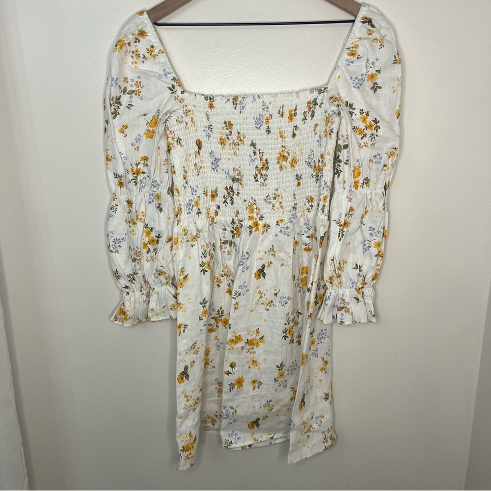Reformation White Dress Size Large Floral Mini Dress Smocked Top 100% Linen - Picture 5 of 6